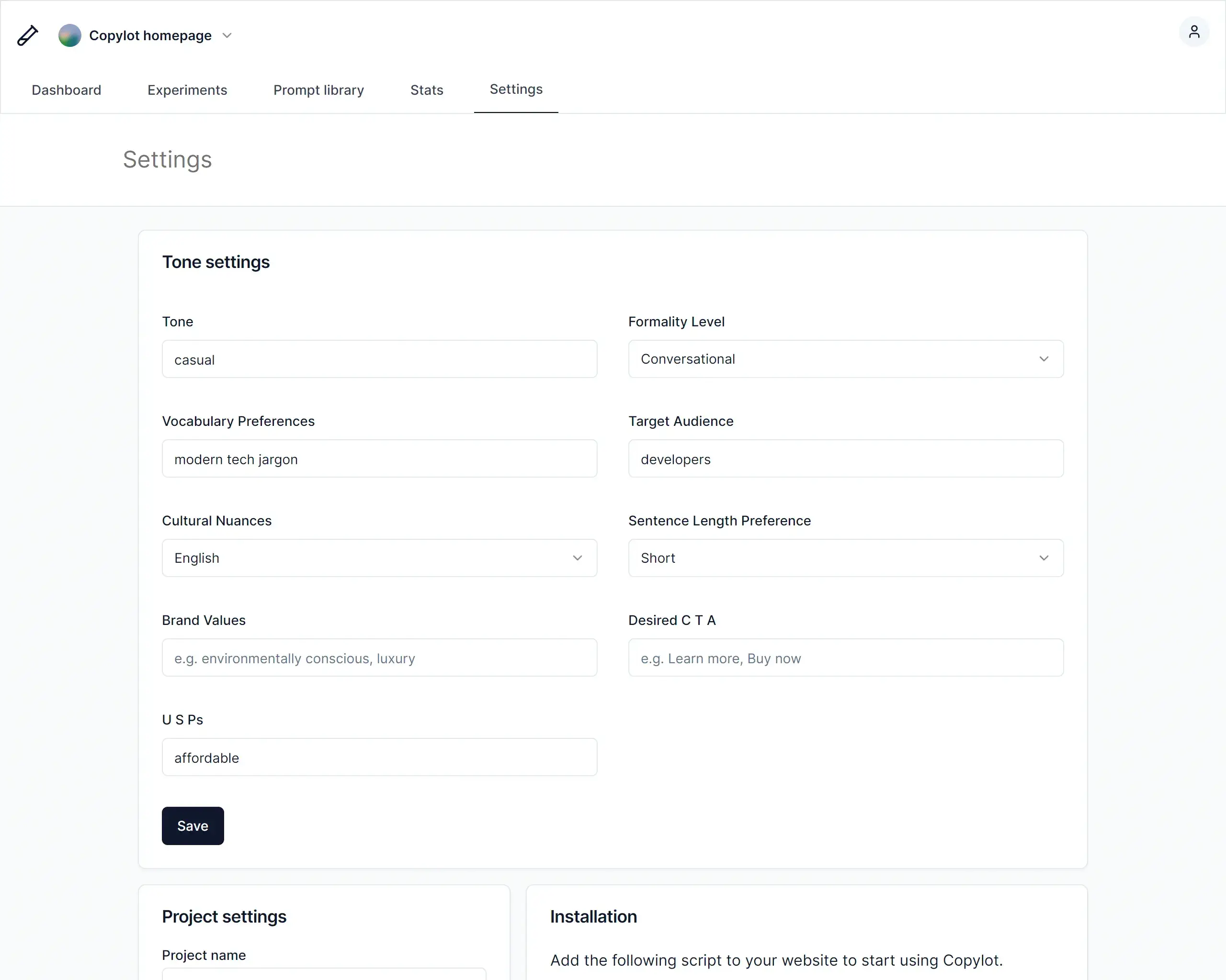 Copylot settings interface